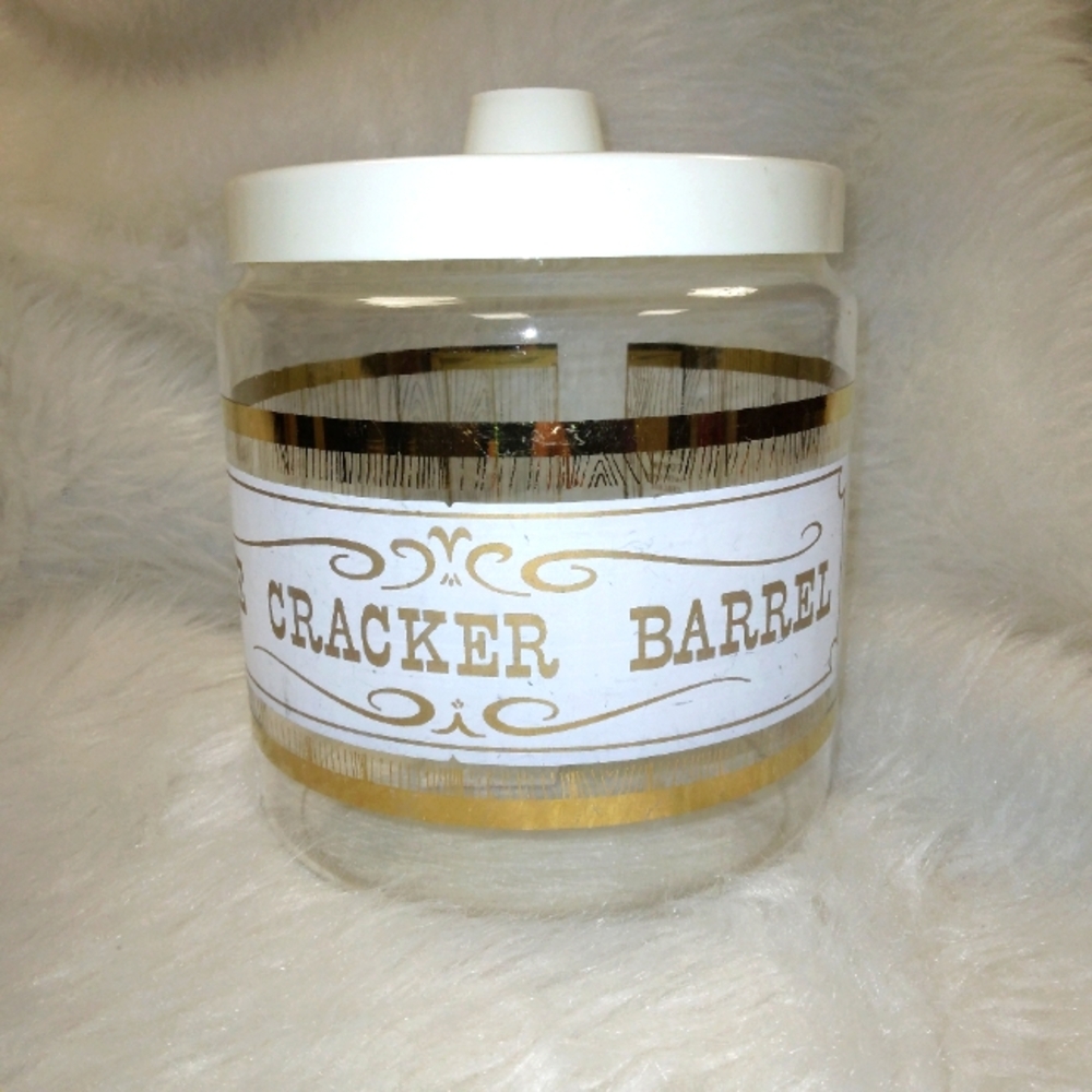 PYREX Cracker Barrel Glass Canister w/Gold Accents & Plastic Lid